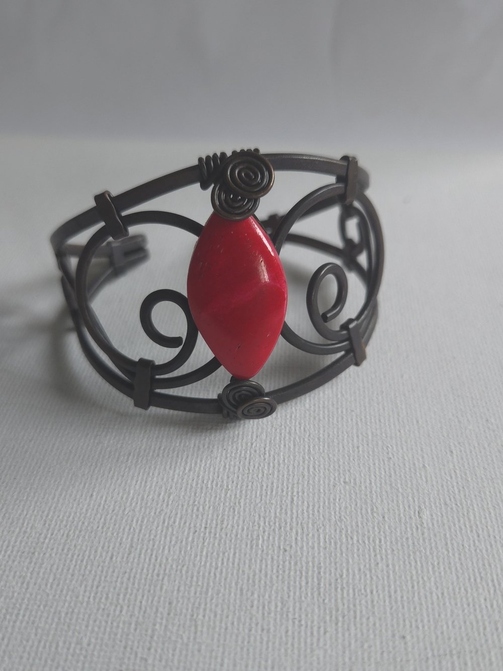 Artisan Wire Wrapped Cuff Bracelet Antique Copper Tone Red Marquise Stone